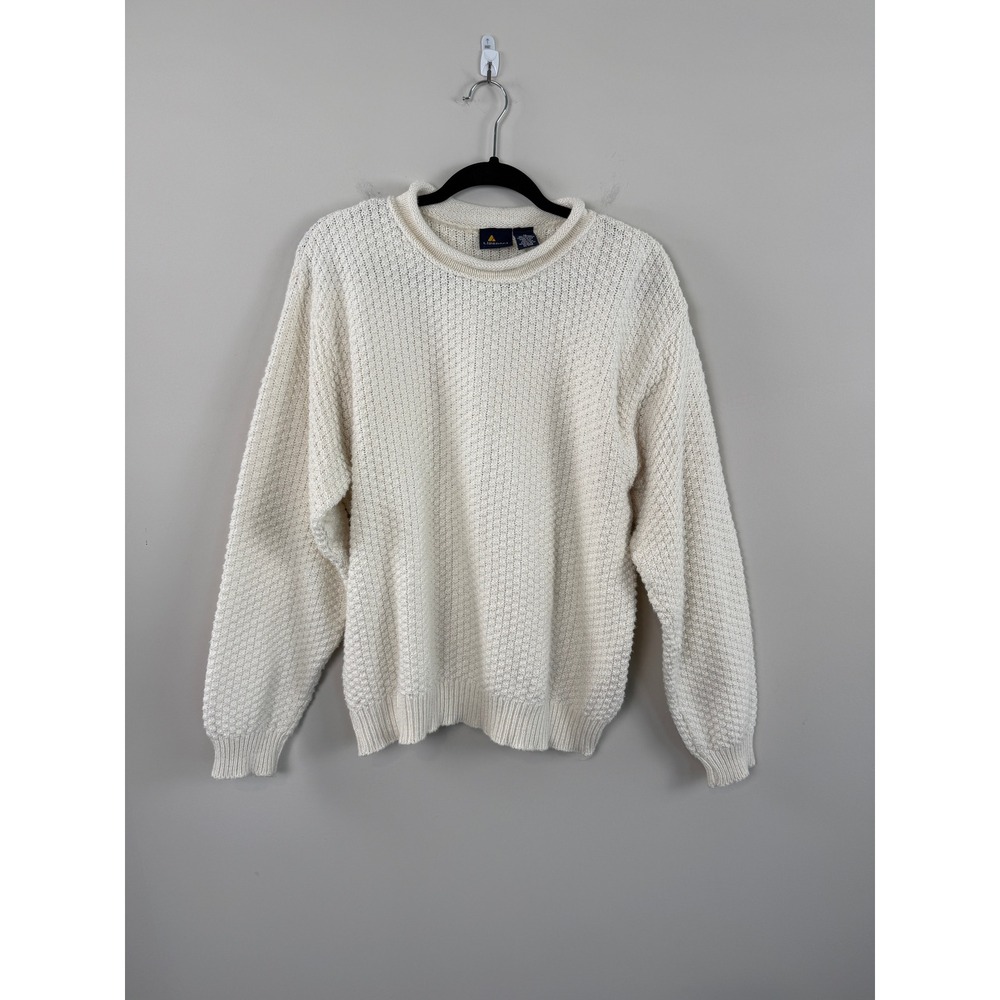 Vintage Lizsport Sweater Cream White M Textured Cotton Knit Crew Neck Boho